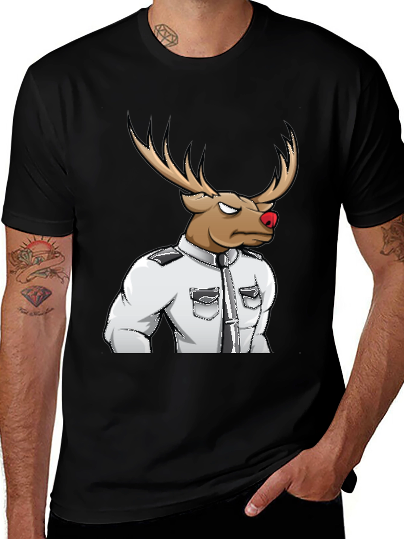Rudolph Reindeer Officer Graphic Tee - Black Cotton Blend