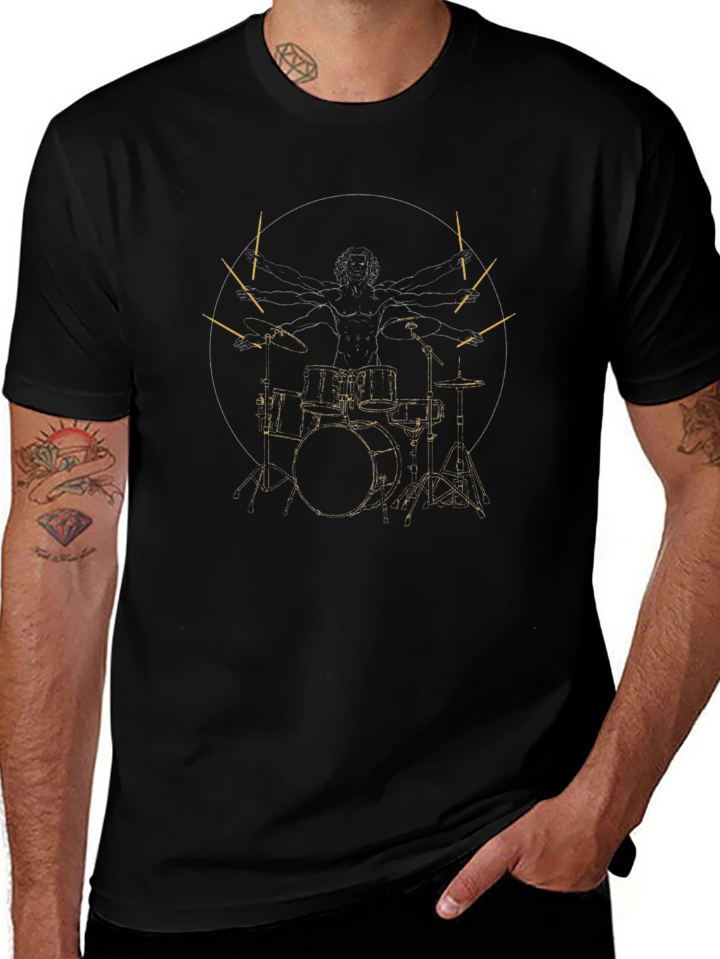 Drummer Vitruvian Man Black Graphic Tee