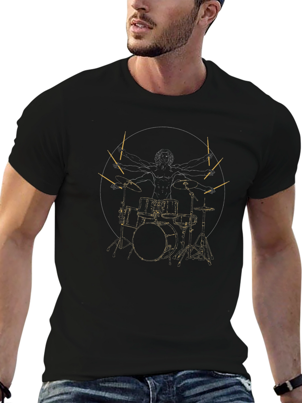 Drummer Vitruvian Man Black Graphic Tee