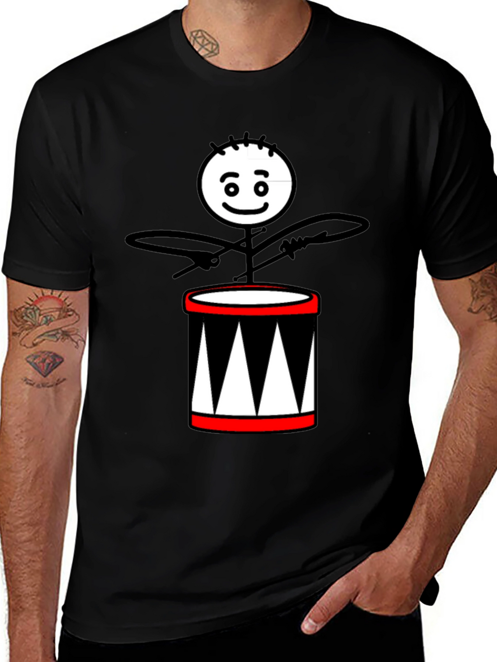Drummer Stick Figure Black T-Shirt