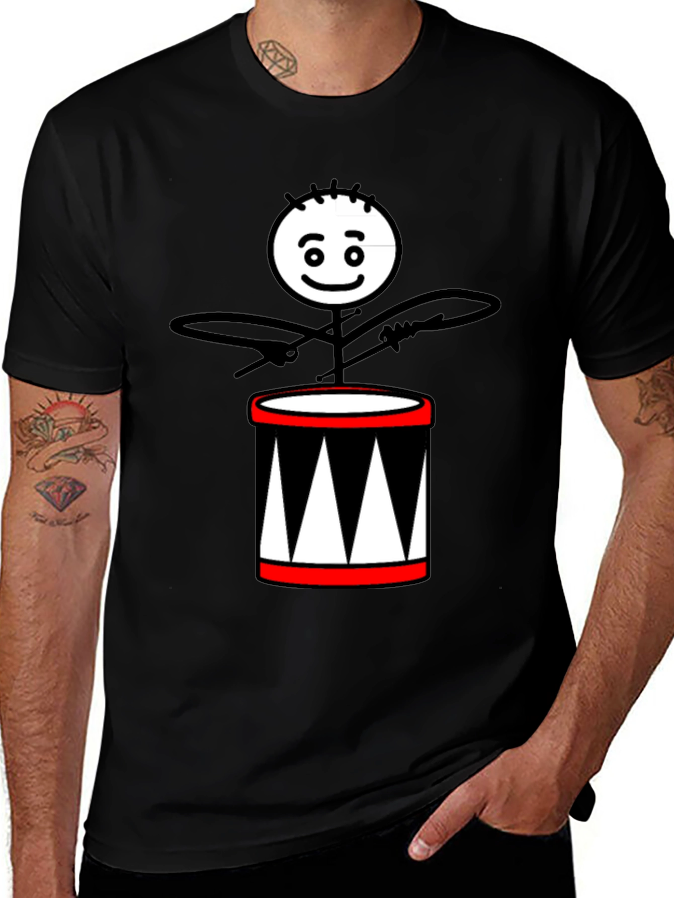 Drummer Stick Figure Black T-Shirt