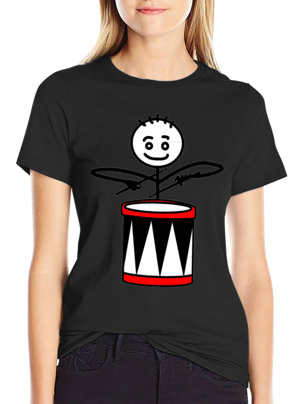 Drummer Stick Figure Black T-Shirt