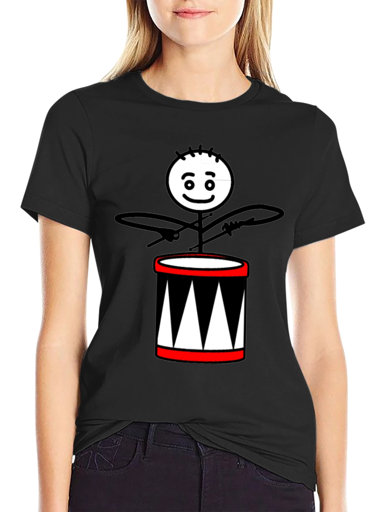 Drummer Stick Figure Black T-Shirt