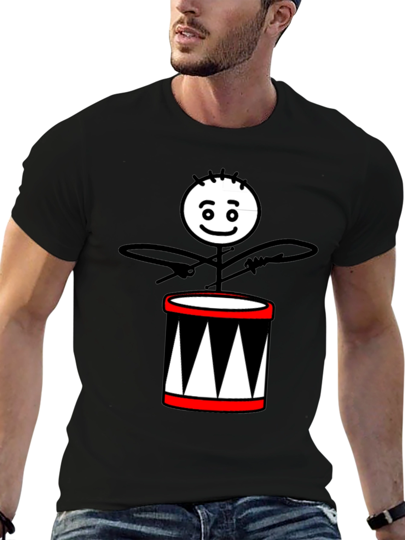 Drummer Stick Figure Black T-Shirt