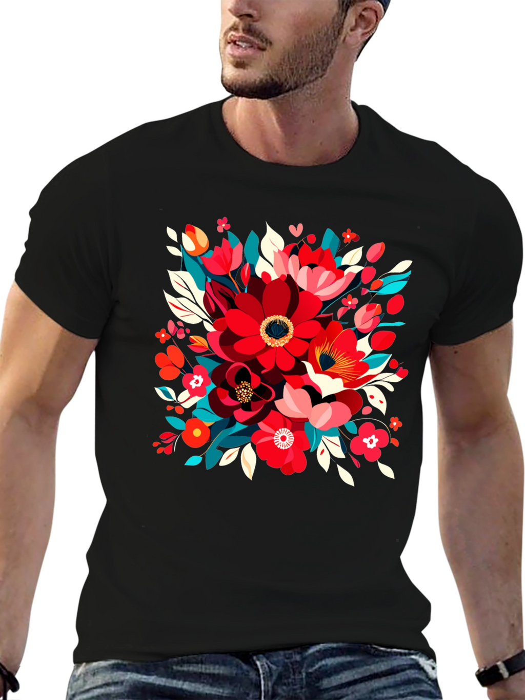 Floral Design Black T-Shirt