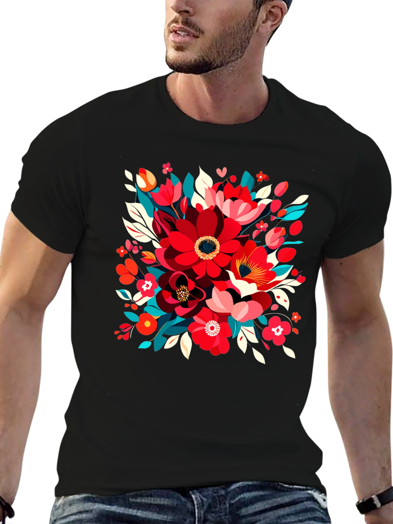 Floral Design Black T-Shirt