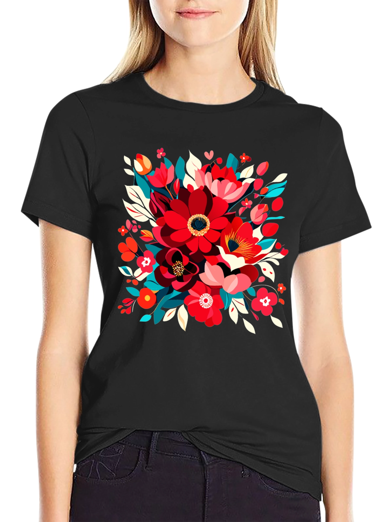 Floral Design Black T-Shirt