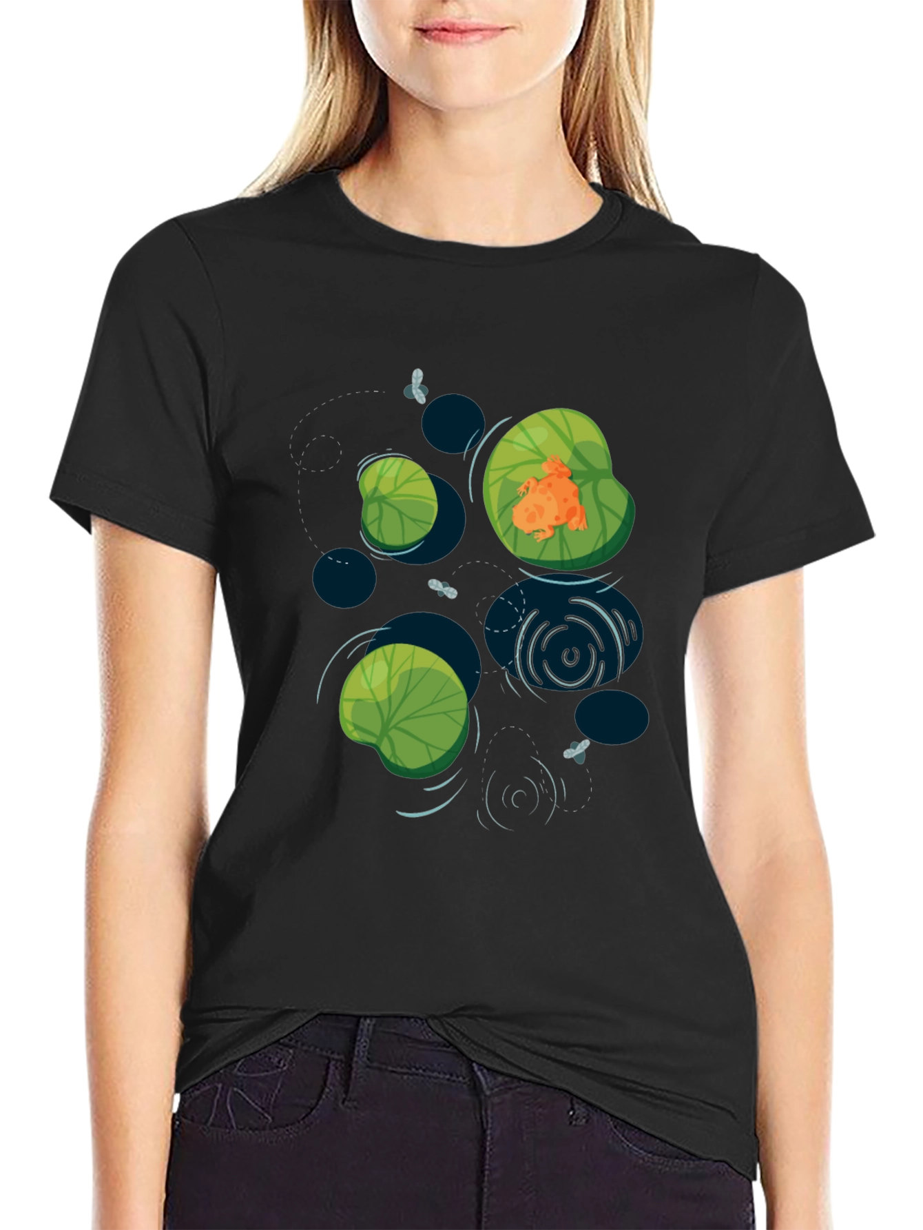 Frog on Lily Pad Graphic Tee - Black Cotton T-Shirt