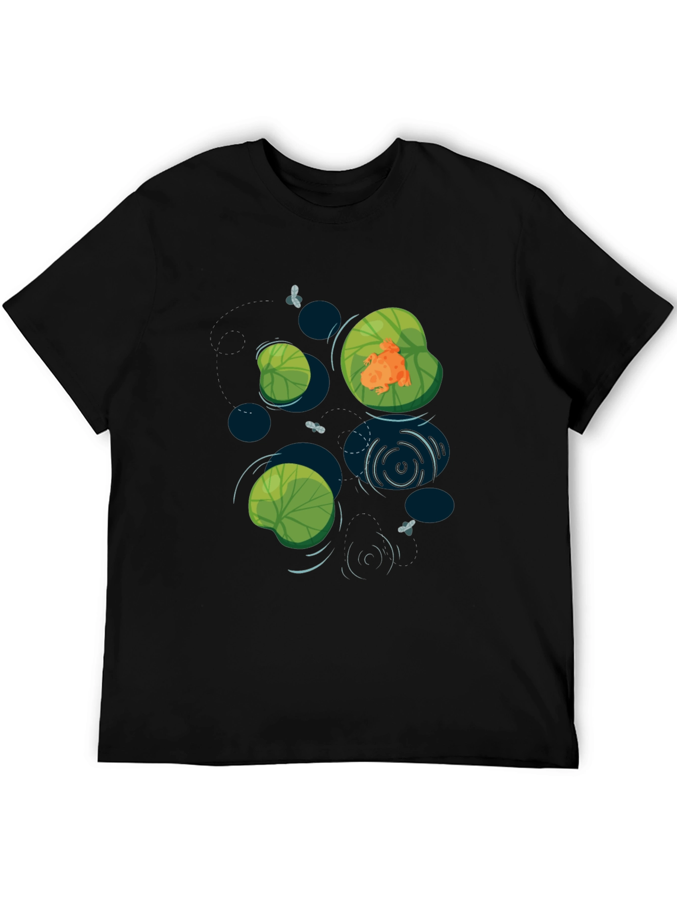 Frog on Lily Pad Graphic Tee - Black Cotton T-Shirt