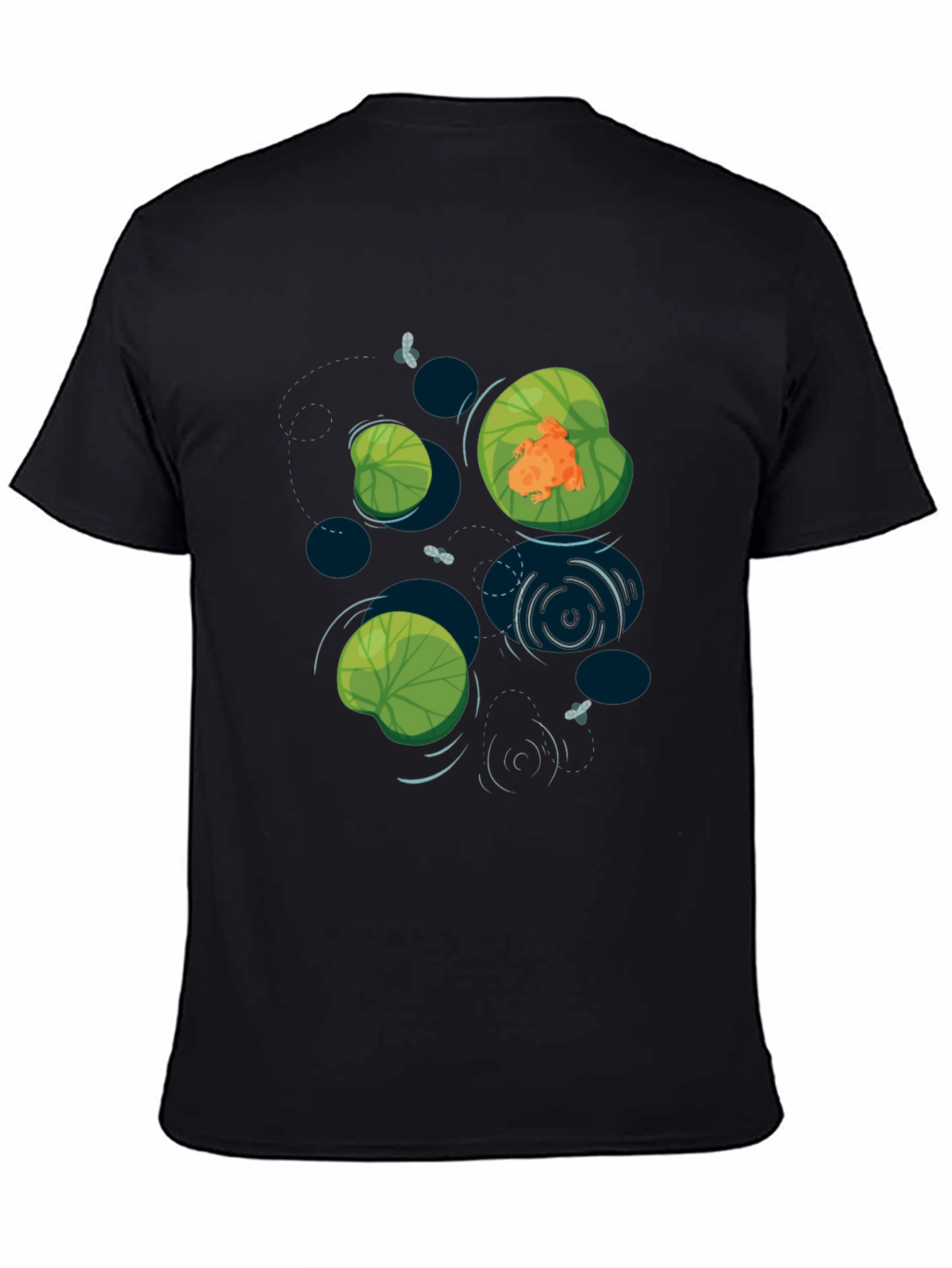 Frog on Lily Pad Graphic Tee - Black Cotton T-Shirt