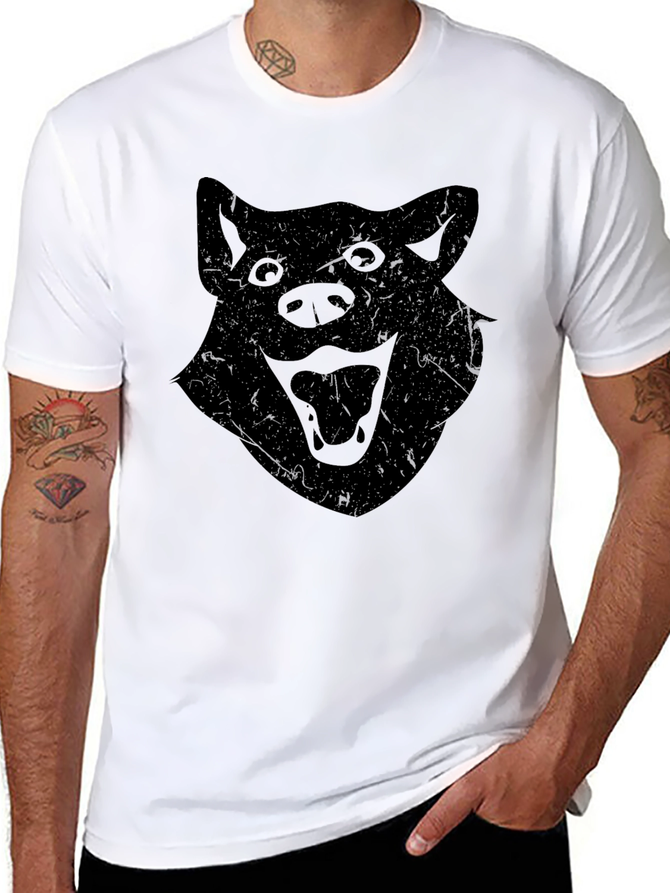 Mens Black T-Shirt with Distressed Wolf Graphic