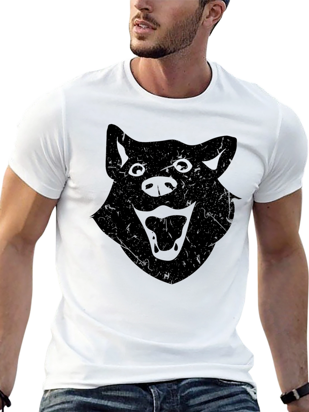 Mens Black T-Shirt with Distressed Wolf Graphic