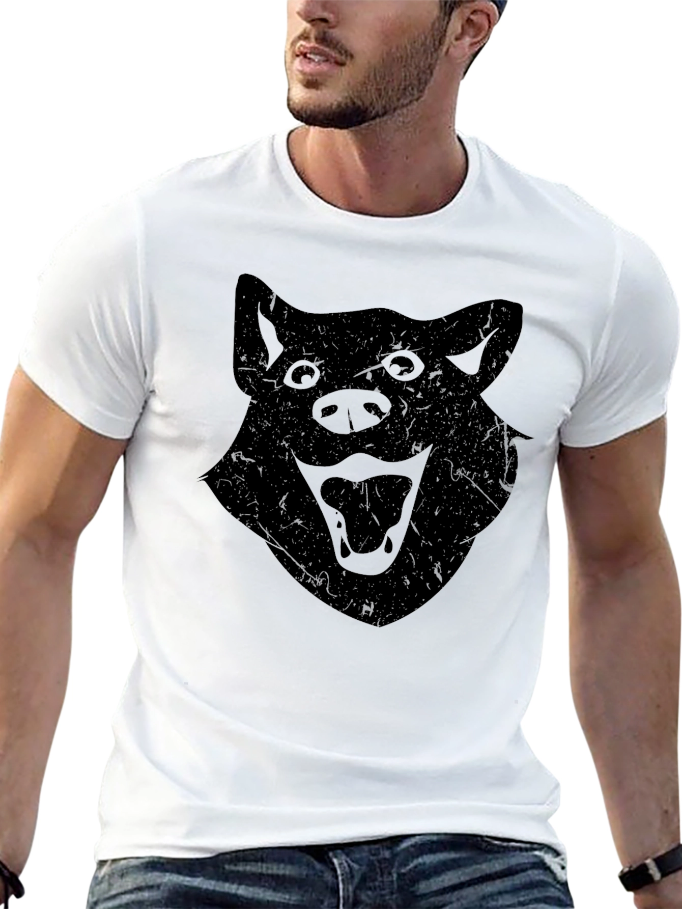 Mens Black T-Shirt with Distressed Wolf Graphic