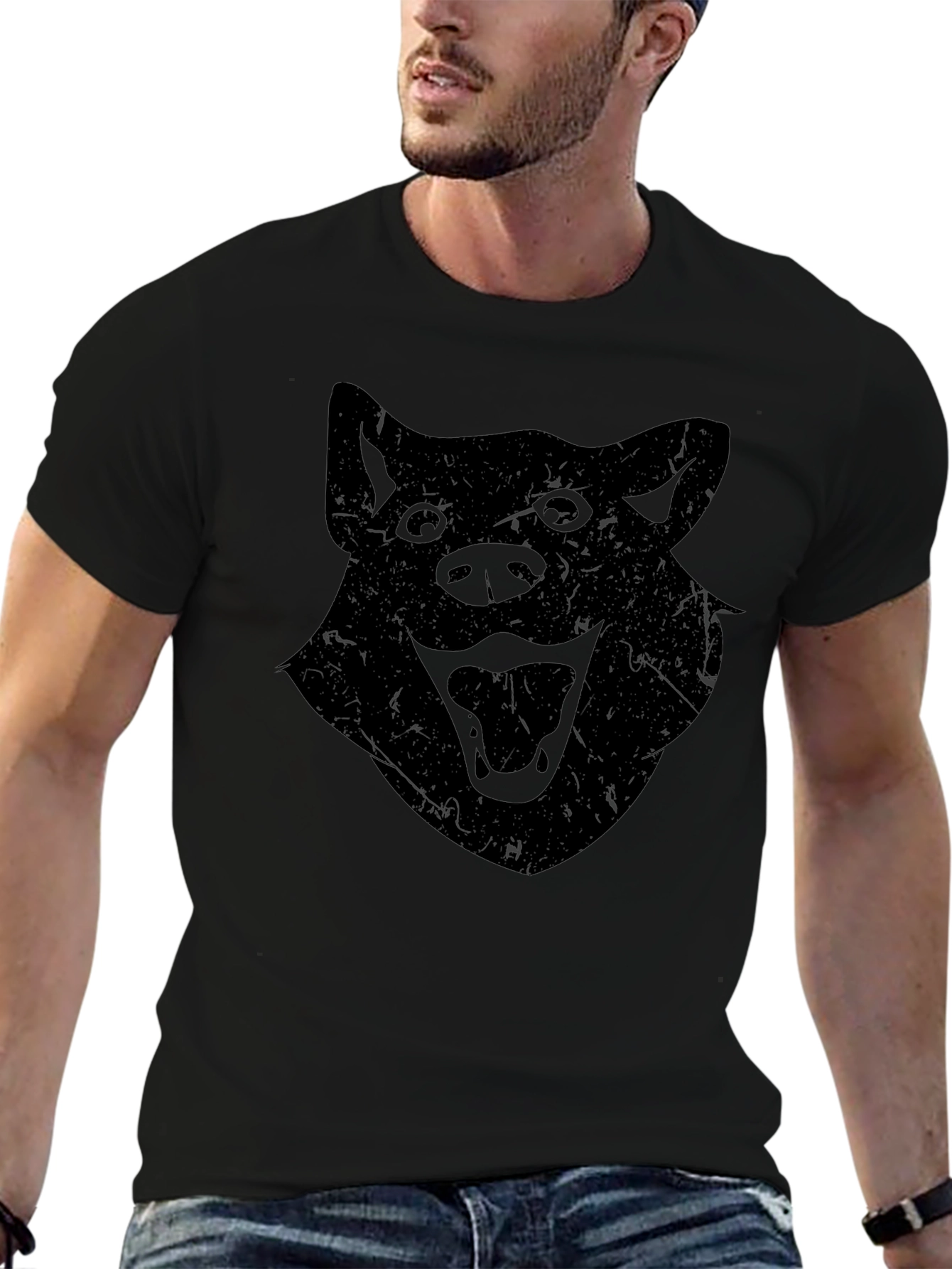 Mens Black T-Shirt with Distressed Wolf Graphic