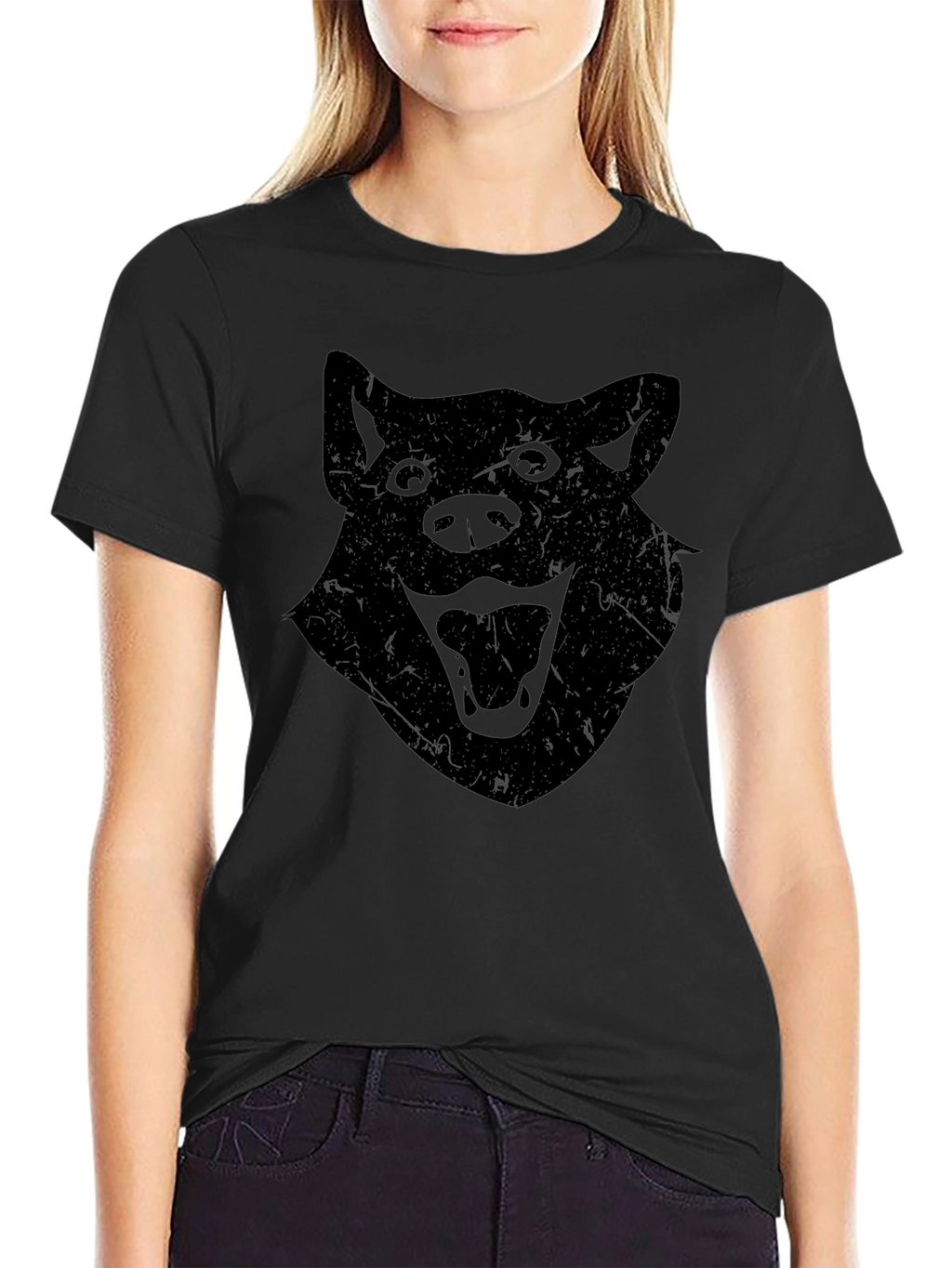 Mens Black T-Shirt with Distressed Wolf Graphic