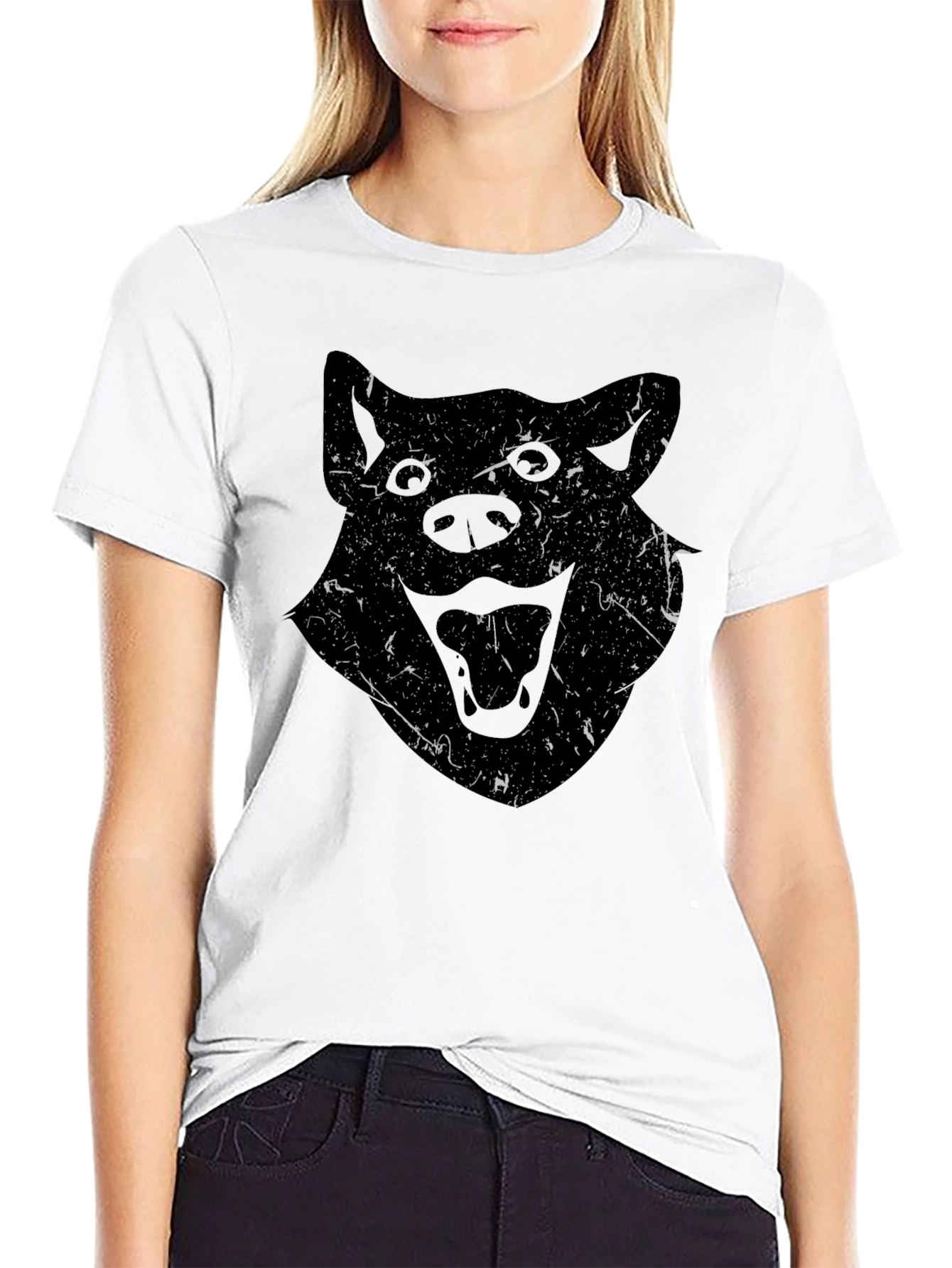 Mens Black T-Shirt with Distressed Wolf Graphic