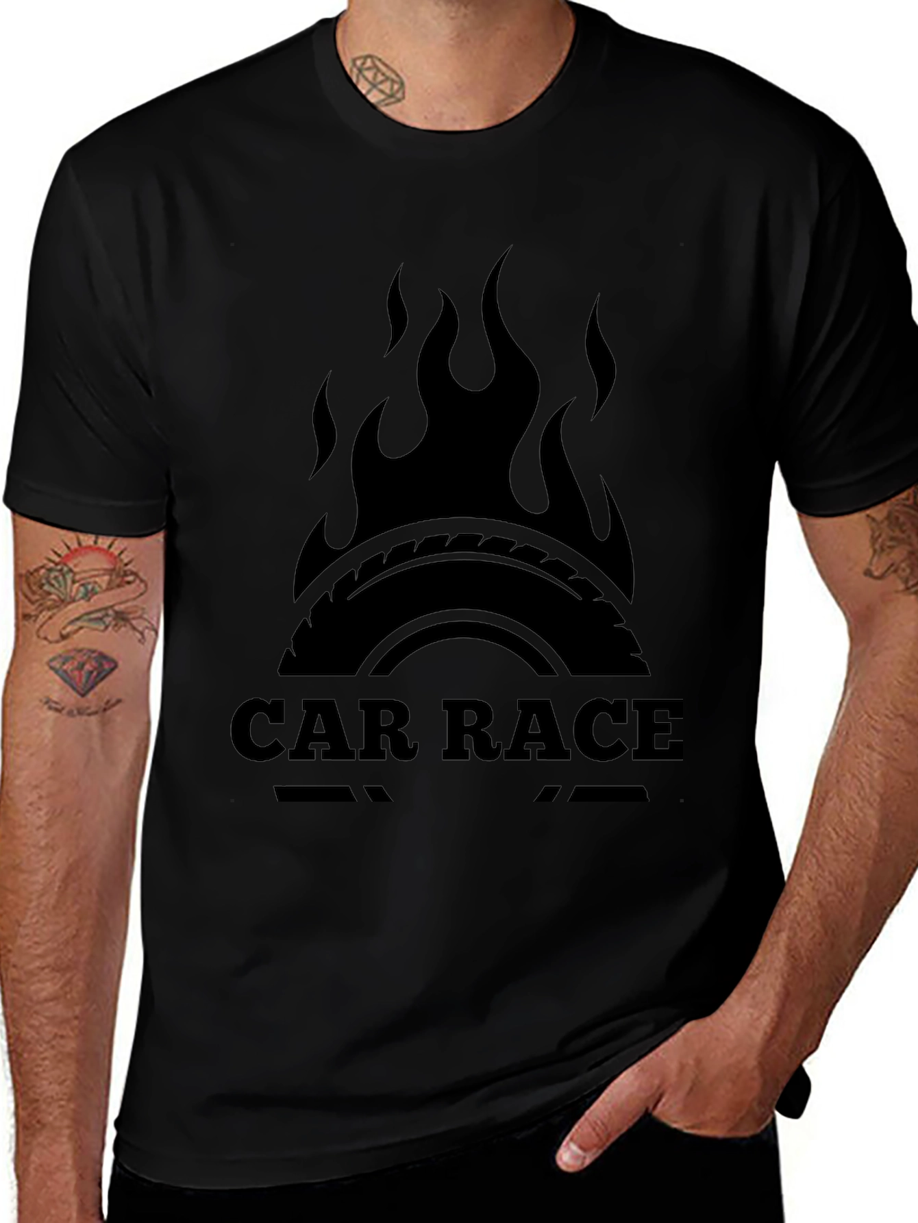 Car Race Graphic Tee - Black Cotton T-Shirt