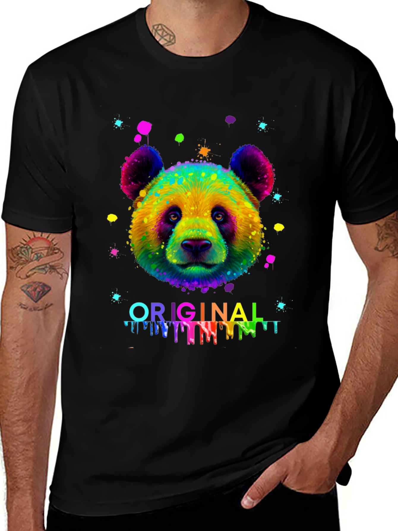 Colorful Panda Graphic Mens Black T-Shirt