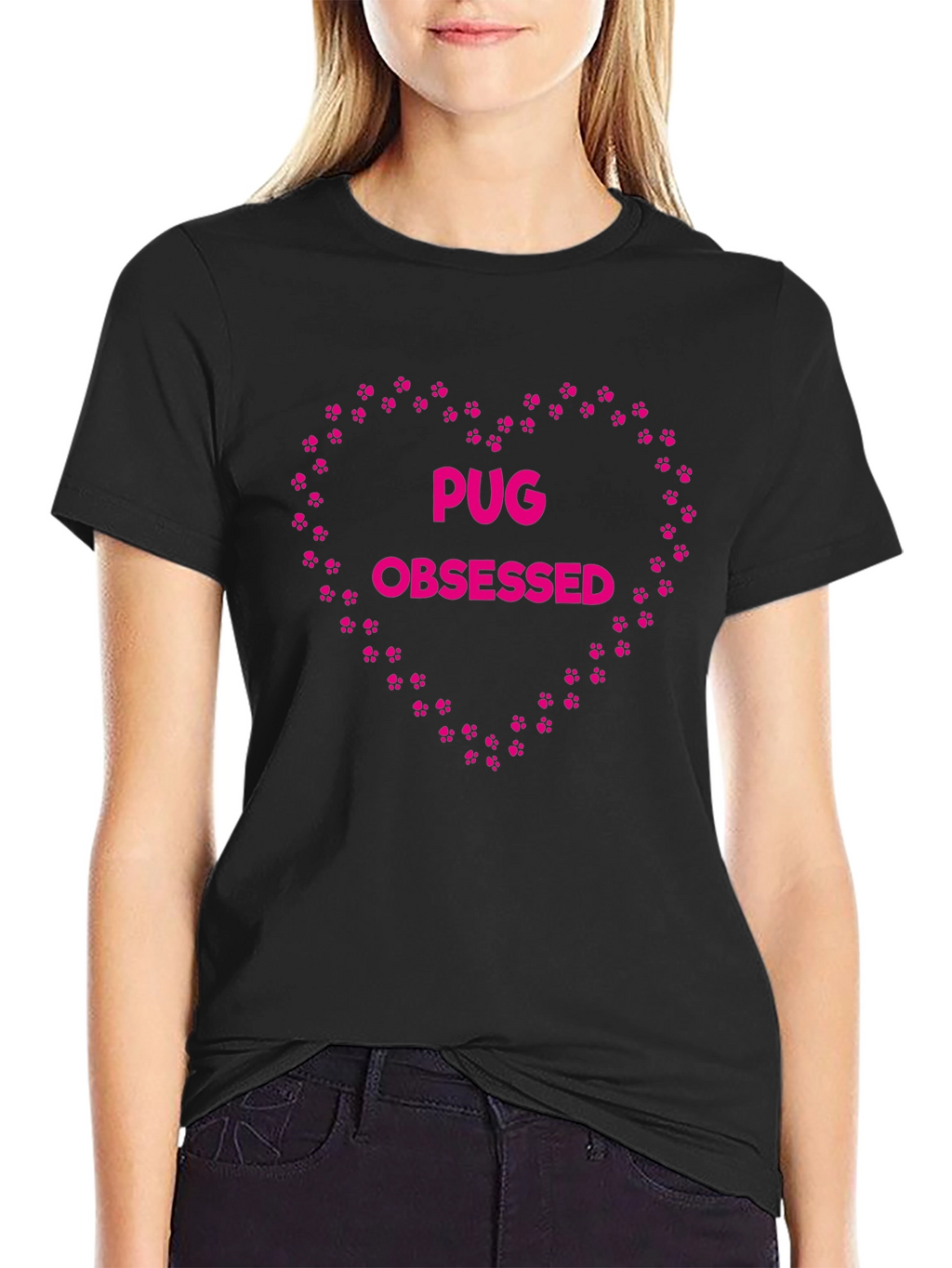 Pug Obsessed Heart Paw Print T-Shirt