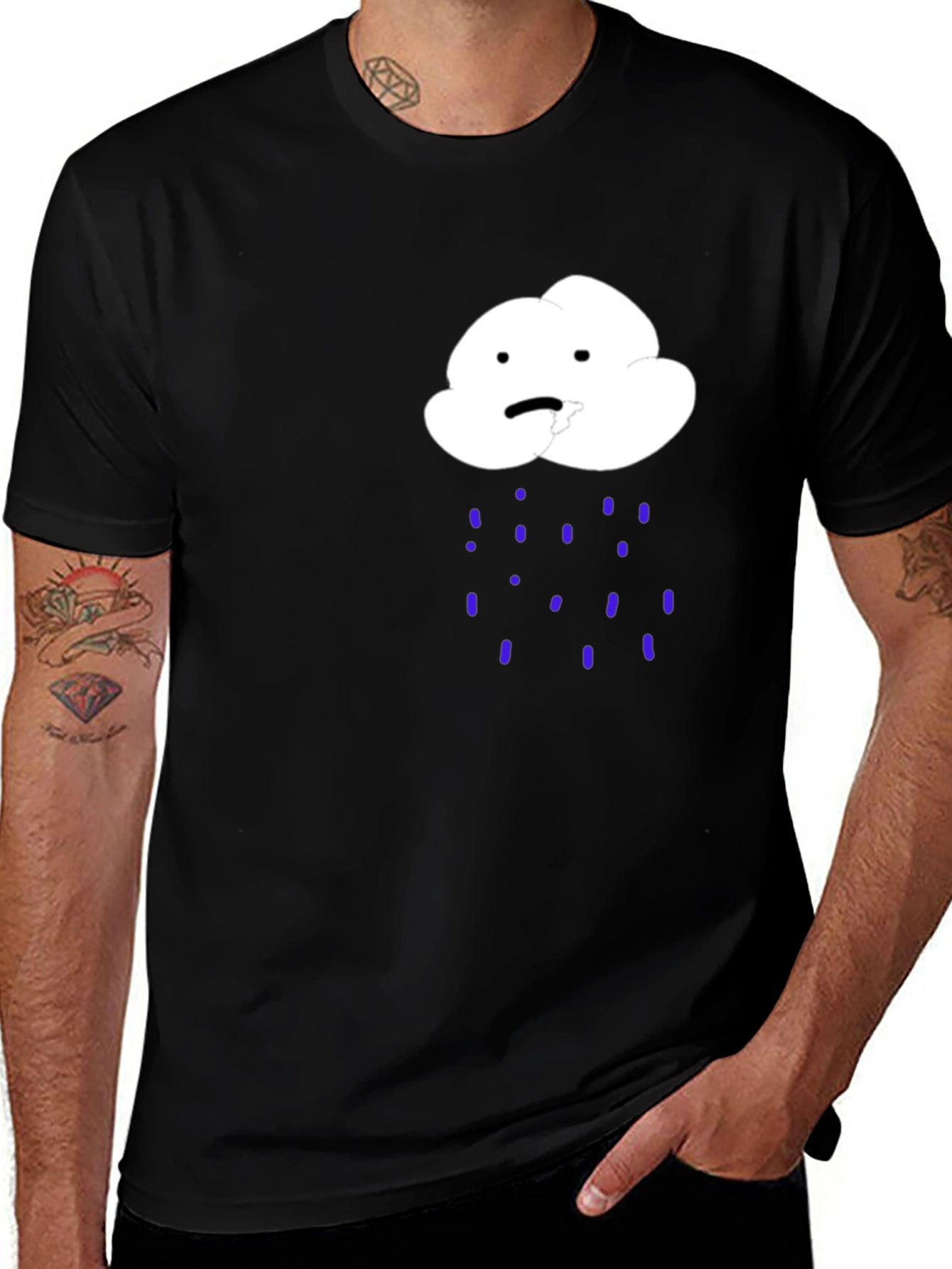 Sad Cloud Rain Graphic Tee - Black Cotton T-Shirt