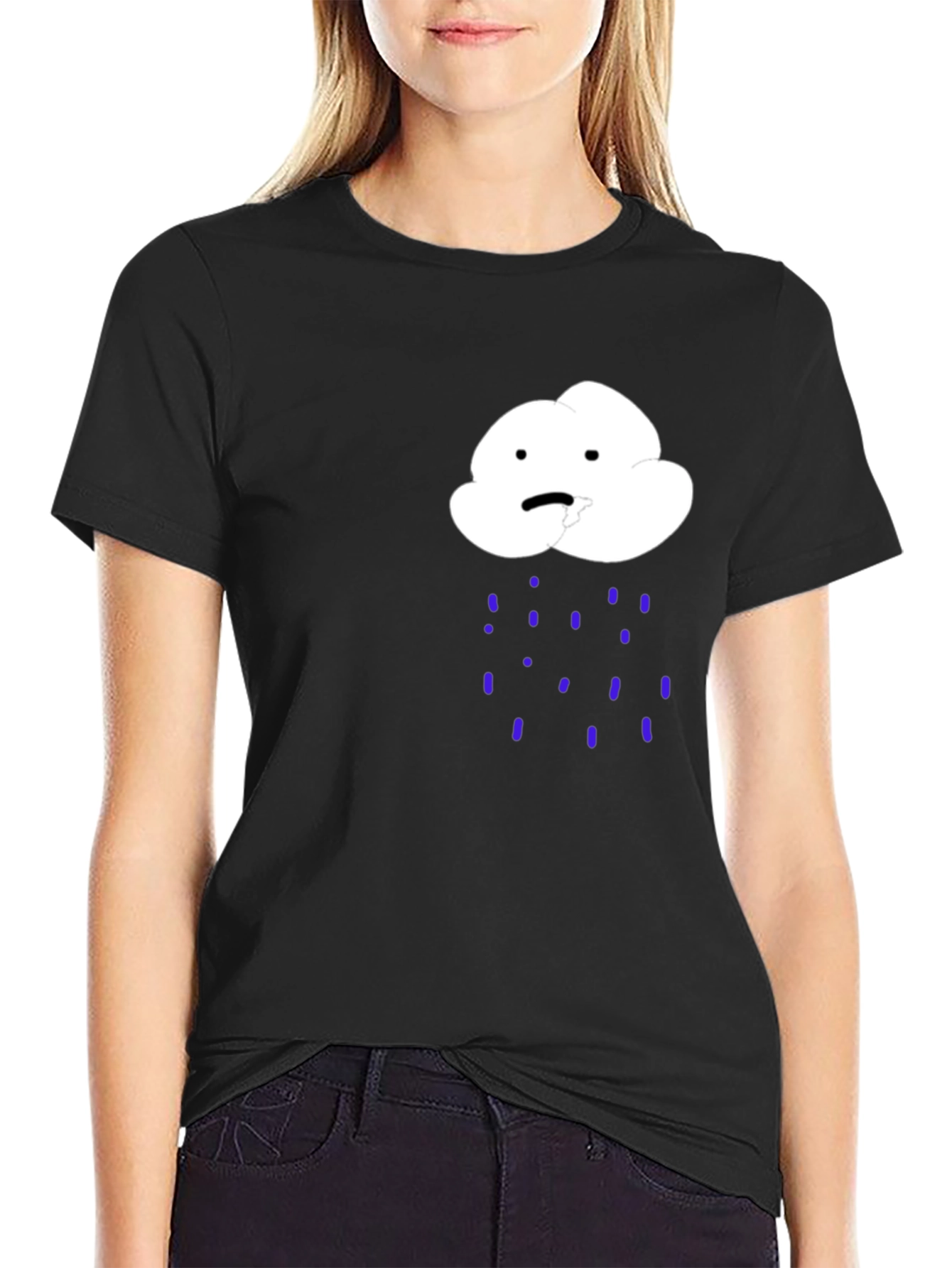 Sad Cloud Rain Graphic Tee - Black Cotton T-Shirt
