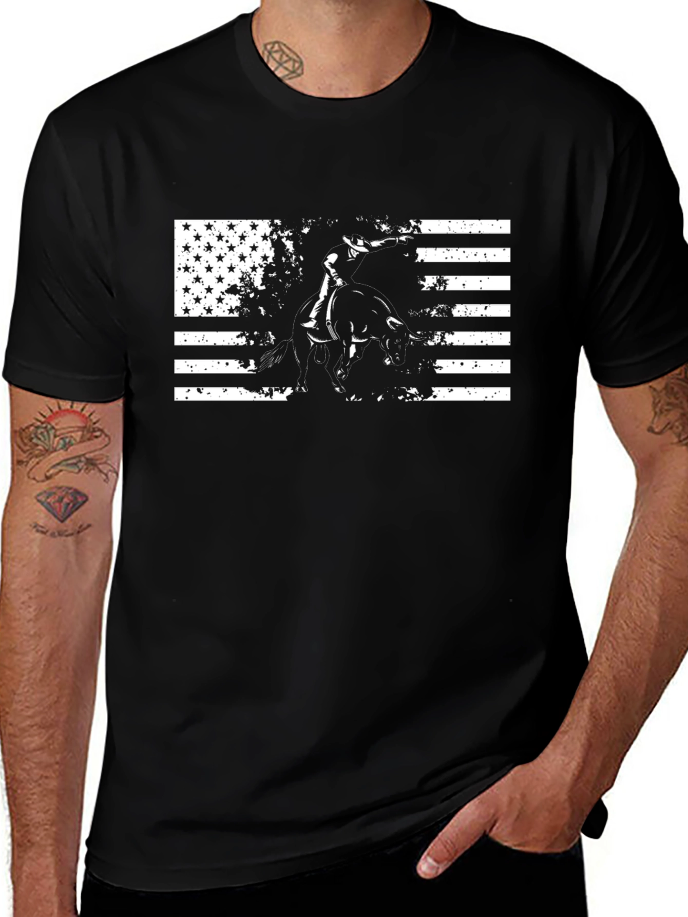 American Rodeo T-Shirt: USA Flag Bull Rider Tee