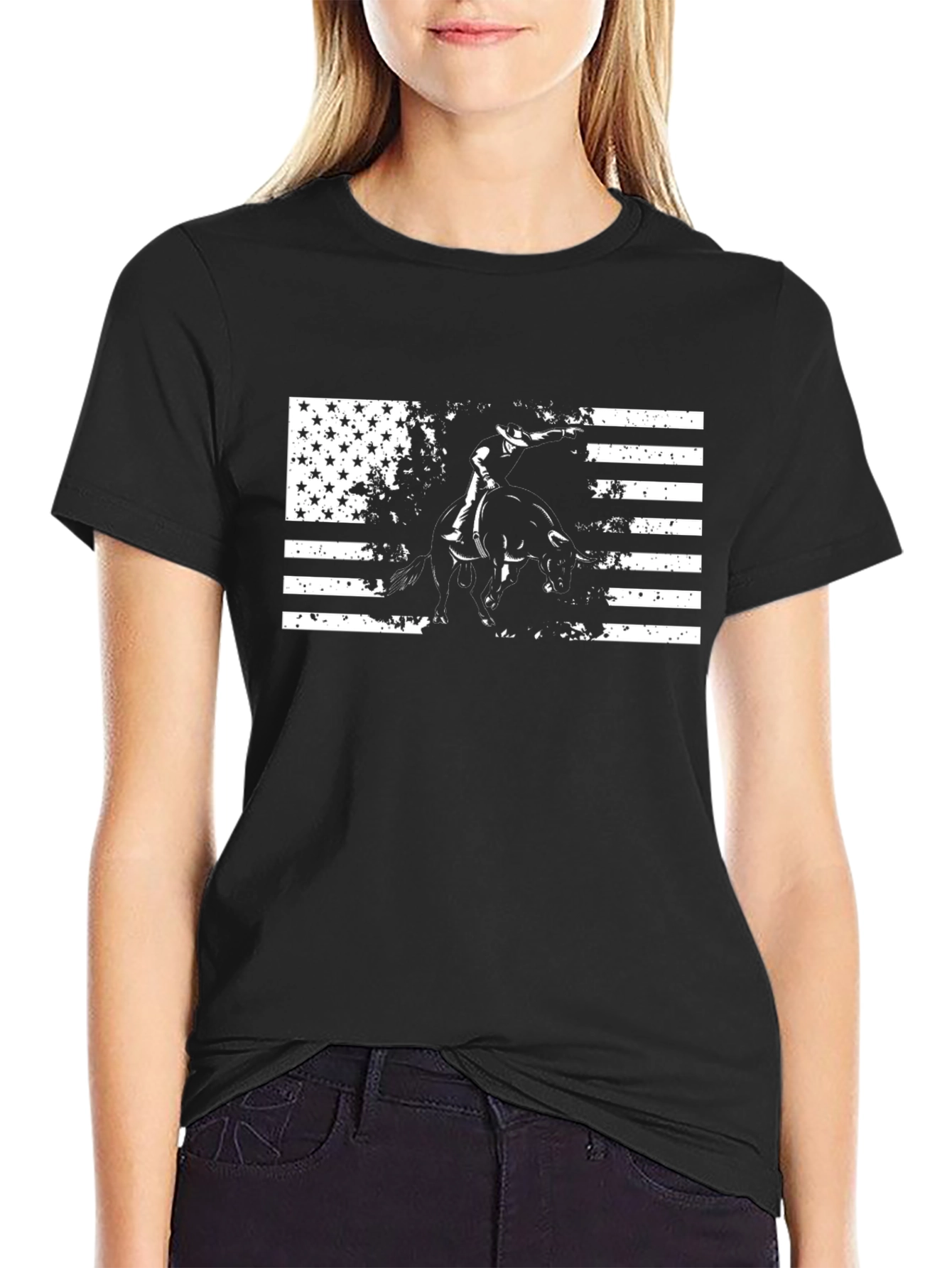 American Rodeo T-Shirt: USA Flag Bull Rider Tee
