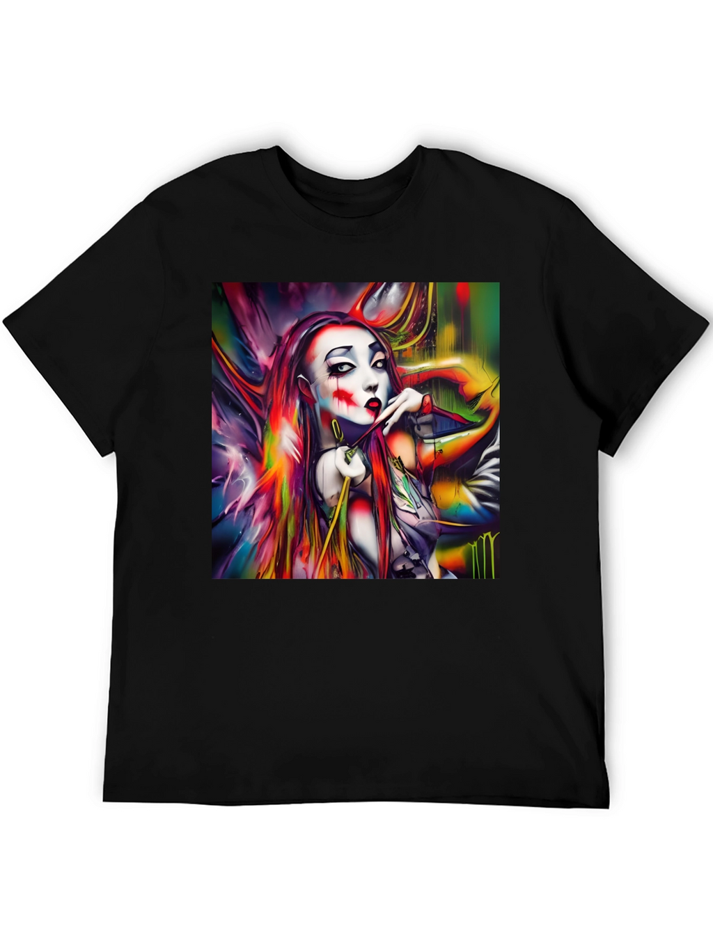 Abstract Art Clown Graphic Print Black T-Shirt