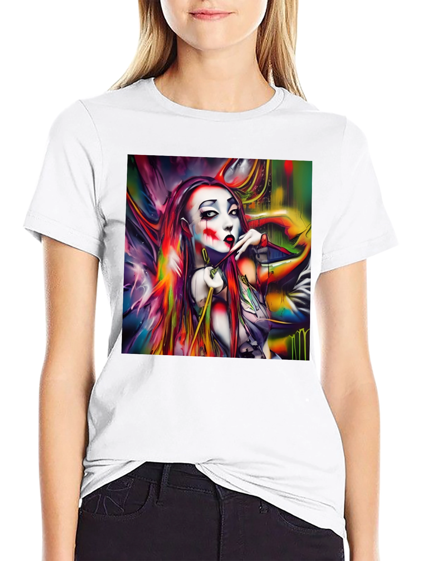 Abstract Art Clown Graphic Print Black T-Shirt