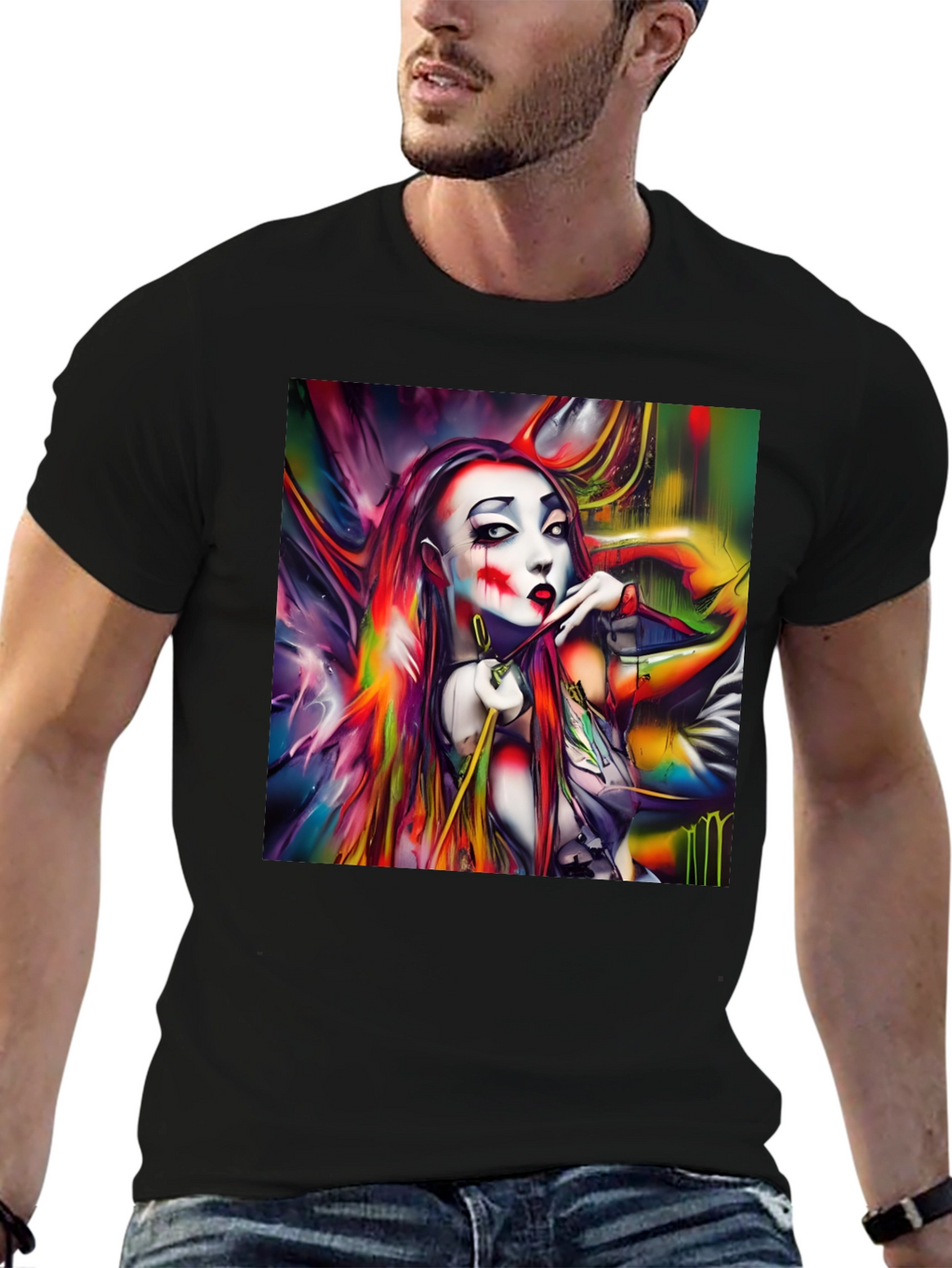 Abstract Art Clown Graphic Print Black T-Shirt