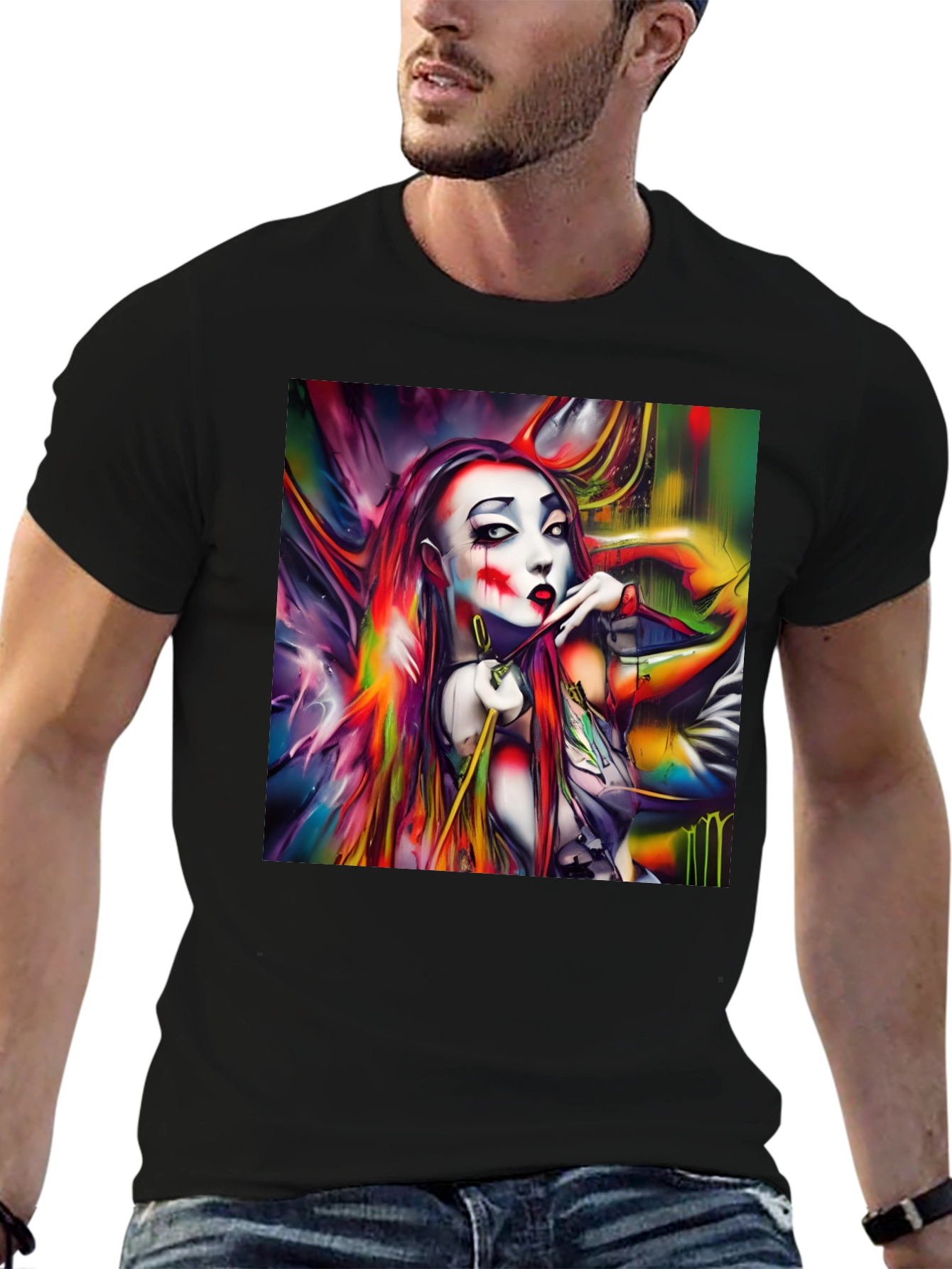 Abstract Art Clown Graphic Print Black T-Shirt