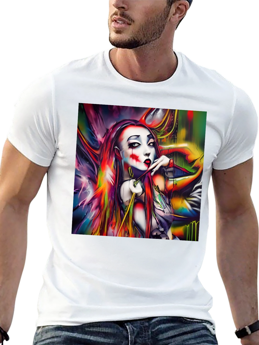 Abstract Art Clown Graphic Print Black T-Shirt