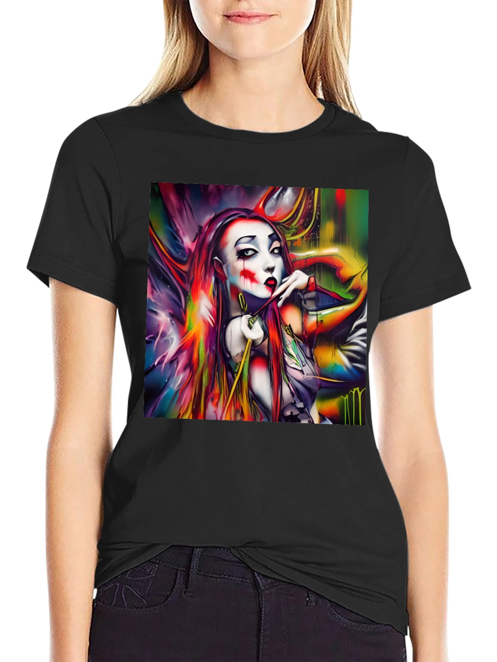 Abstract Art Clown Graphic Print Black T-Shirt