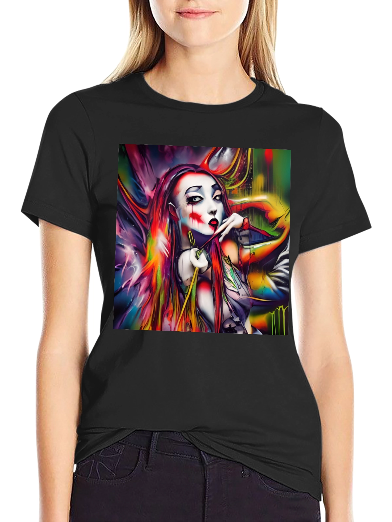 Abstract Art Clown Graphic Print Black T-Shirt