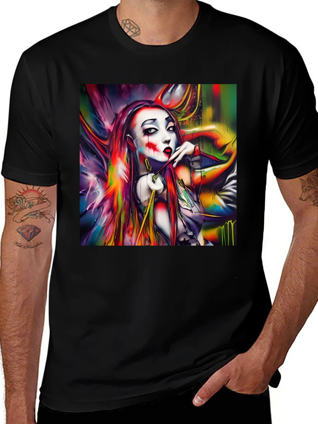 Abstract Art Clown Graphic Print Black T-Shirt