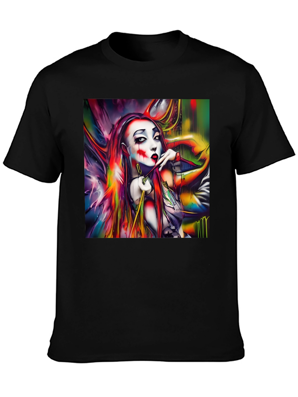 Abstract Art Clown Graphic Print Black T-Shirt