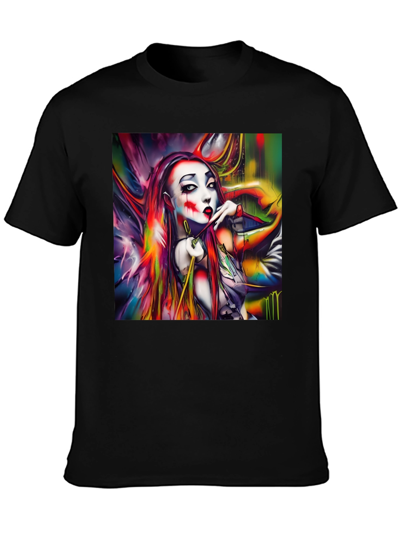 Abstract Art Clown Graphic Print Black T-Shirt