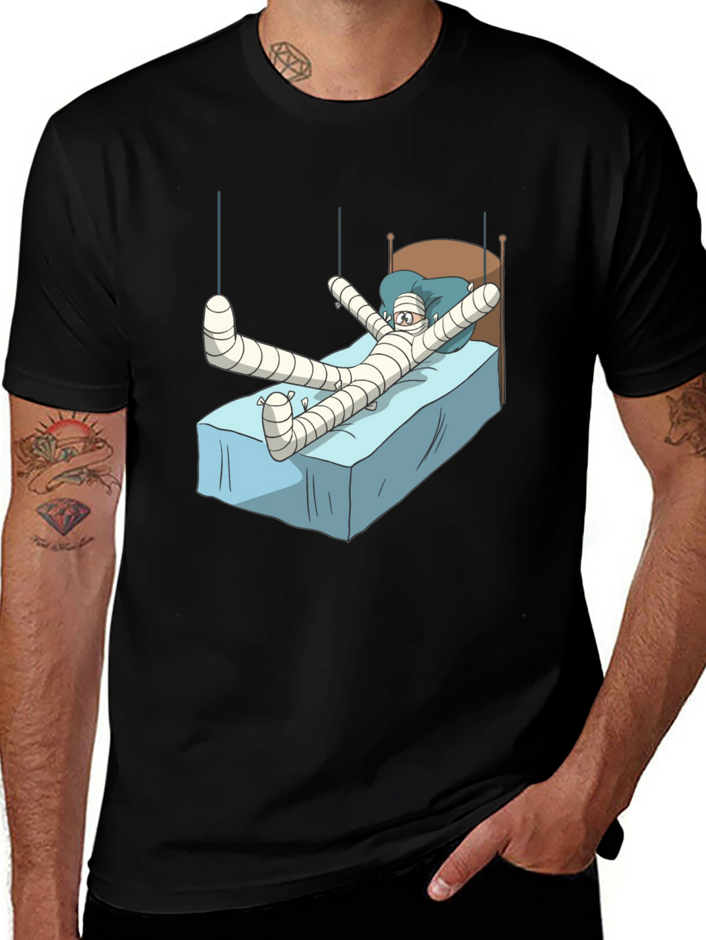 Funny Mummy Bed Cartoon Graphic T-Shirt