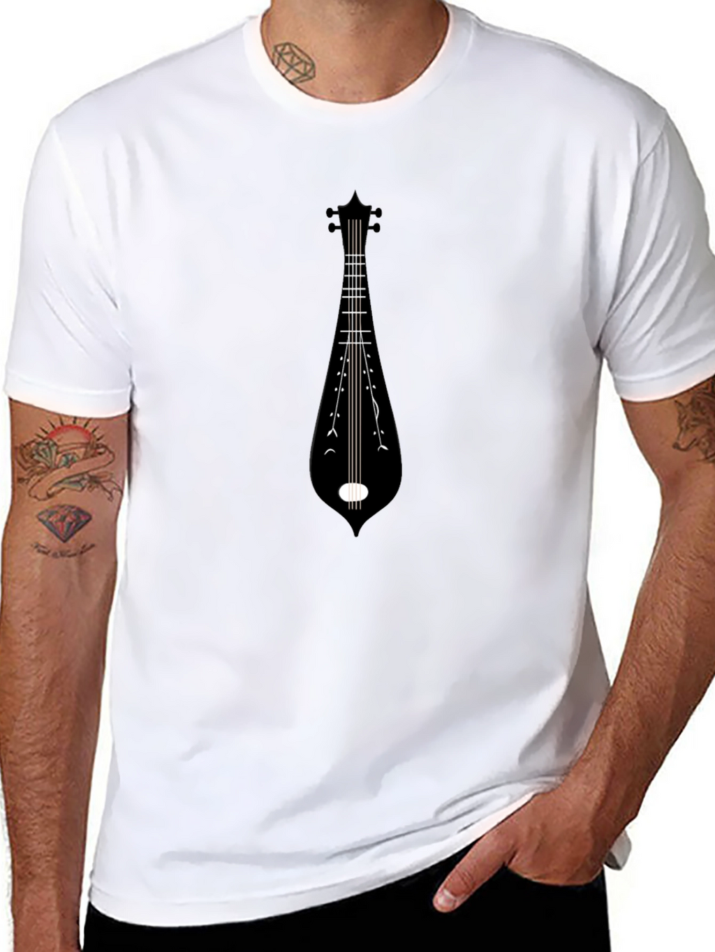 Black Tee with Musical Instrument Graphic