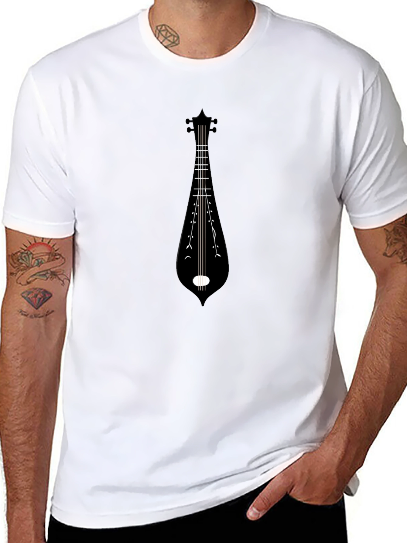 Black Tee with Musical Instrument Graphic