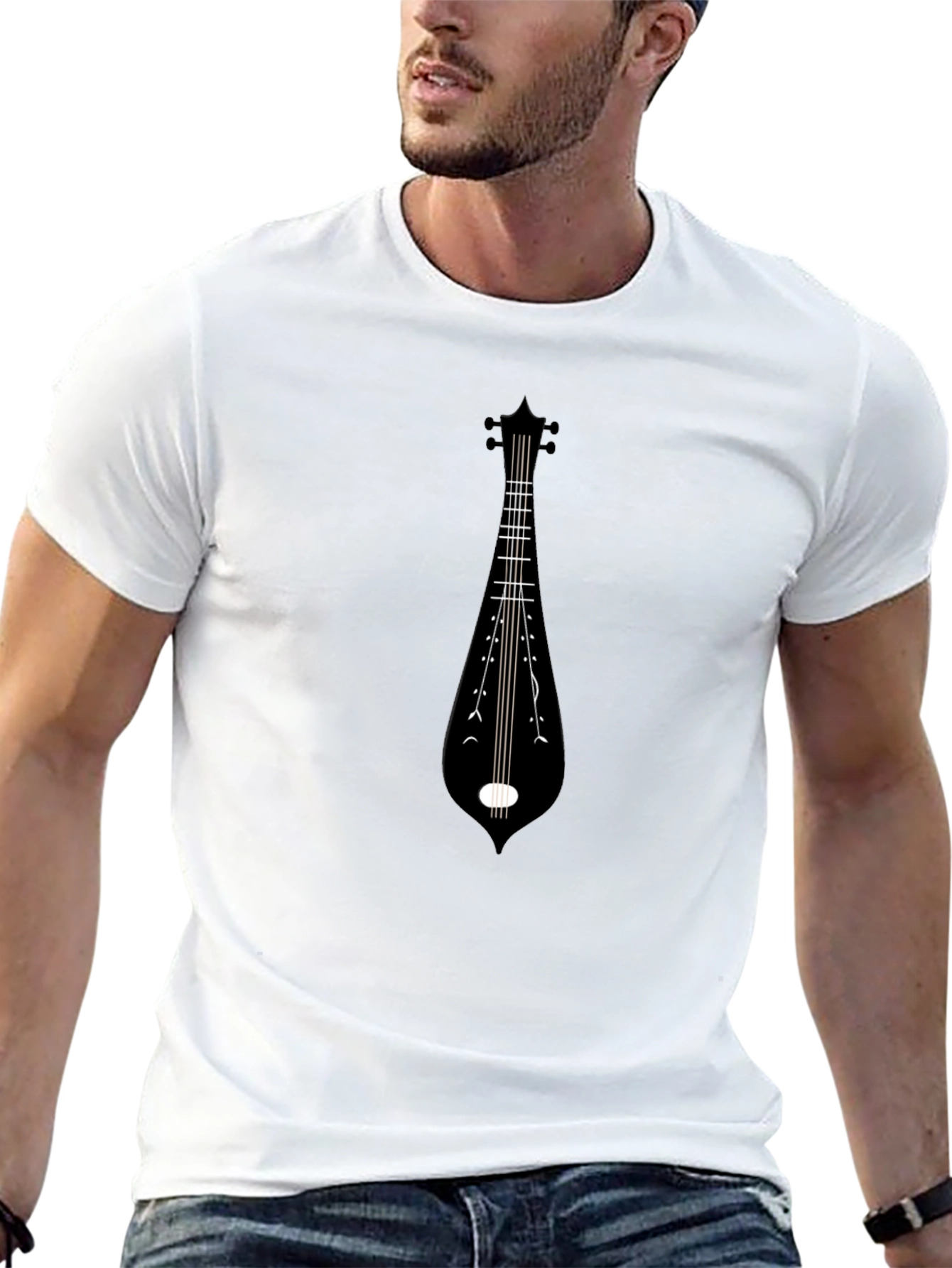 Black Tee with Musical Instrument Graphic