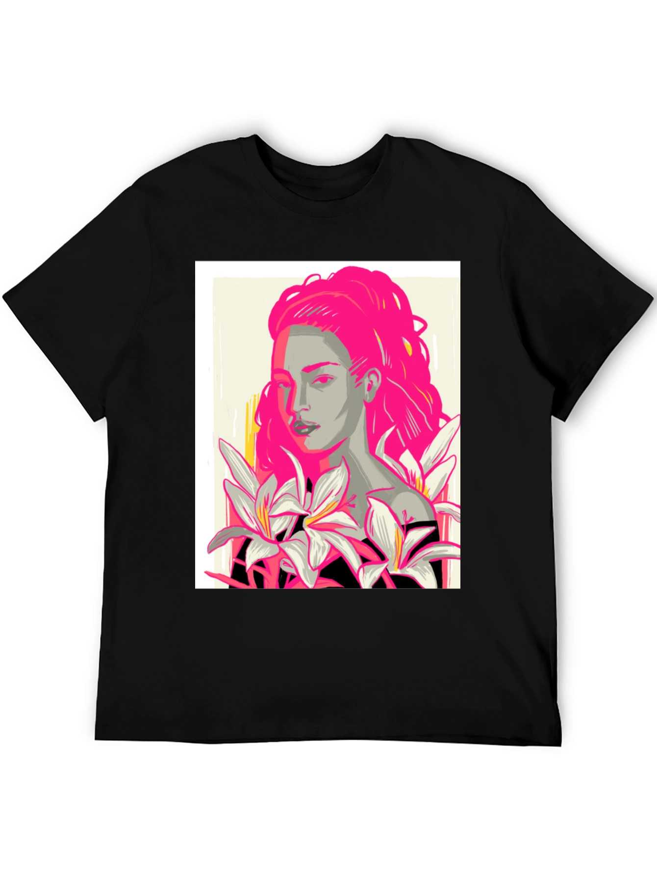 Graphic Print T-Shirt with Woman and Flowers