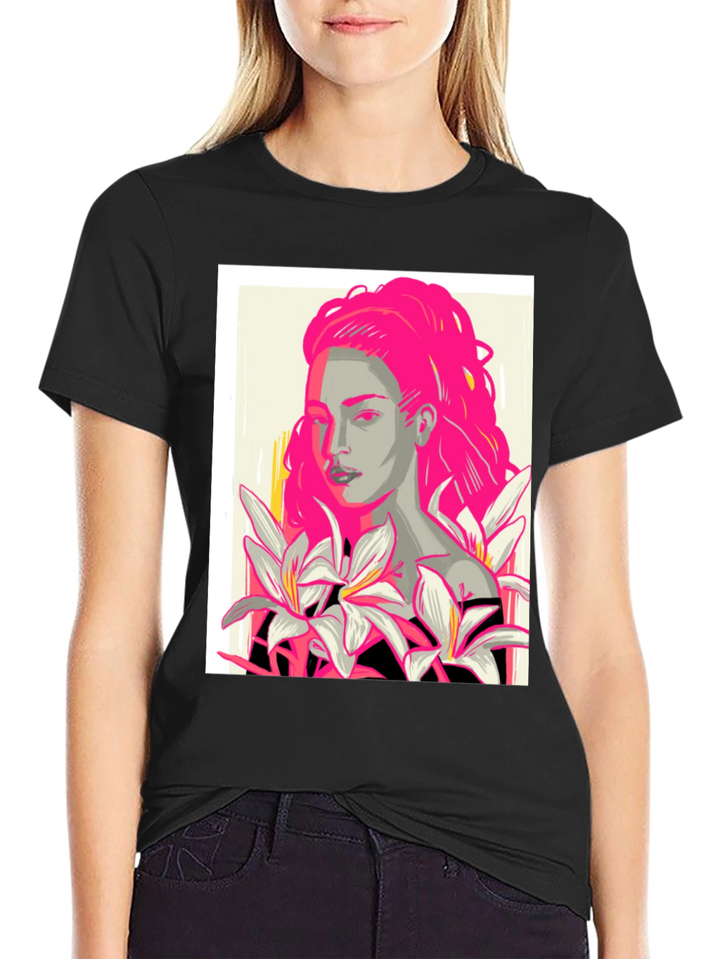 Graphic Print T-Shirt with Woman and Flowers