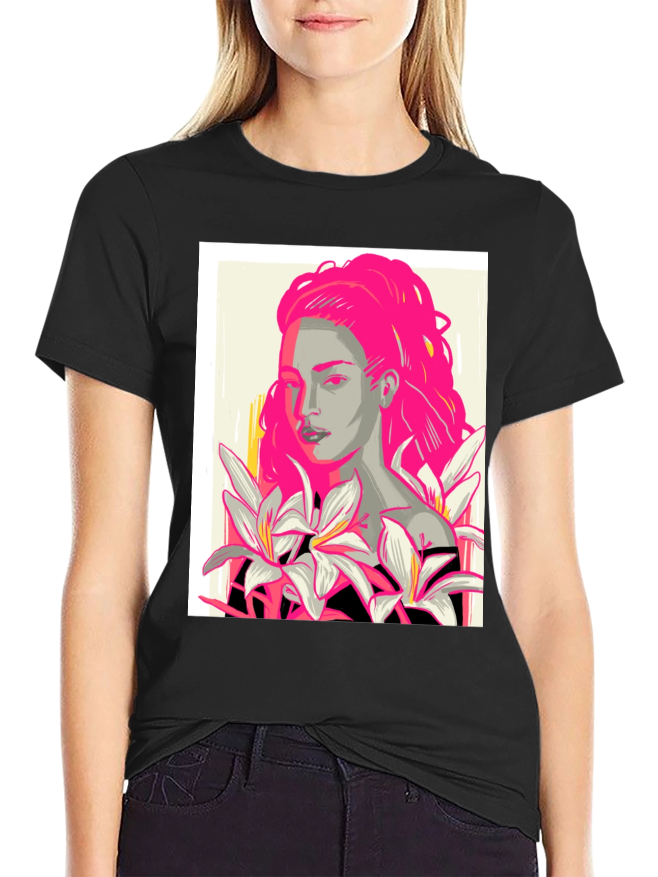 Graphic Print T-Shirt with Woman and Flowers
