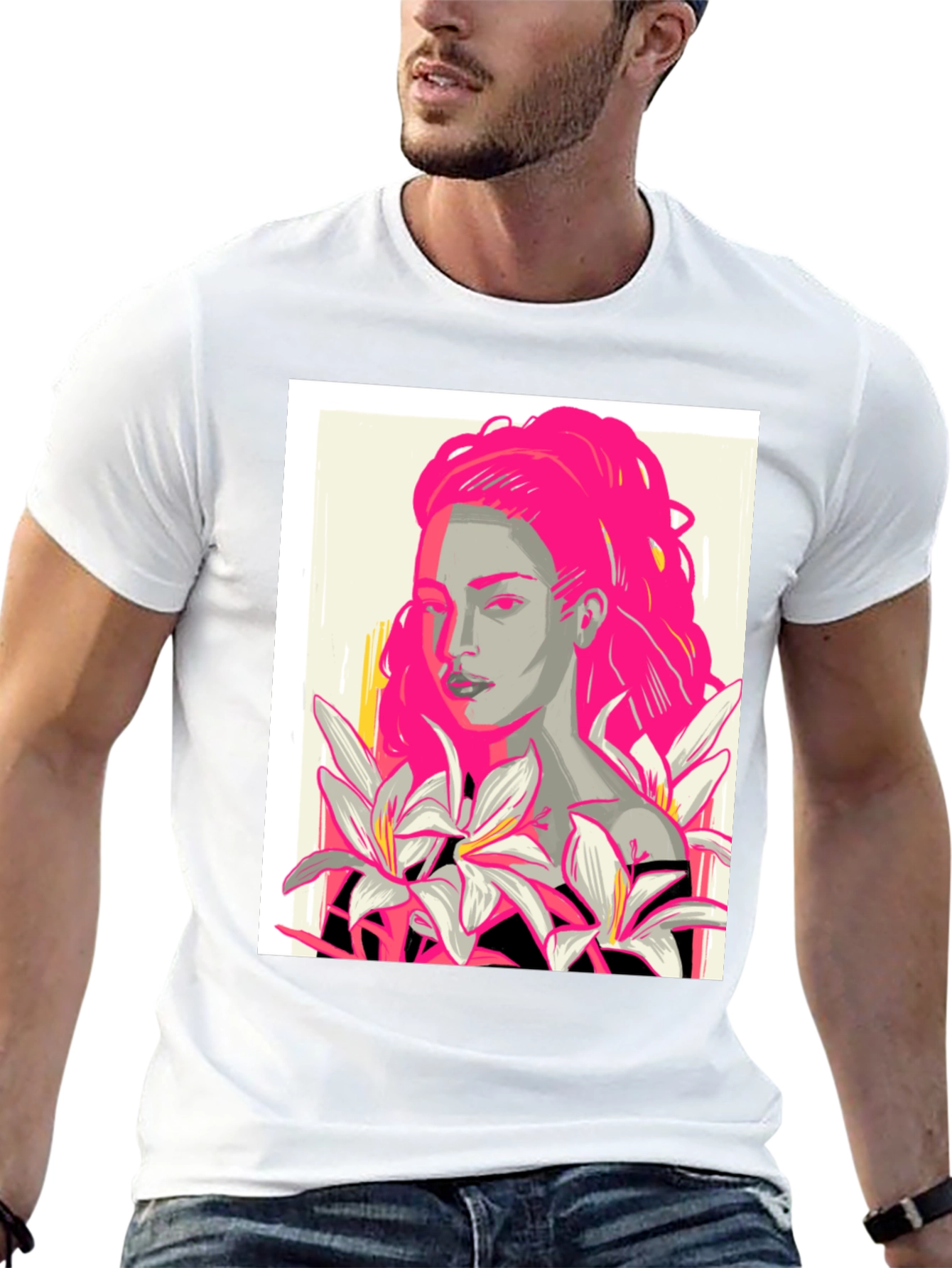 Graphic Print T-Shirt with Woman and Flowers