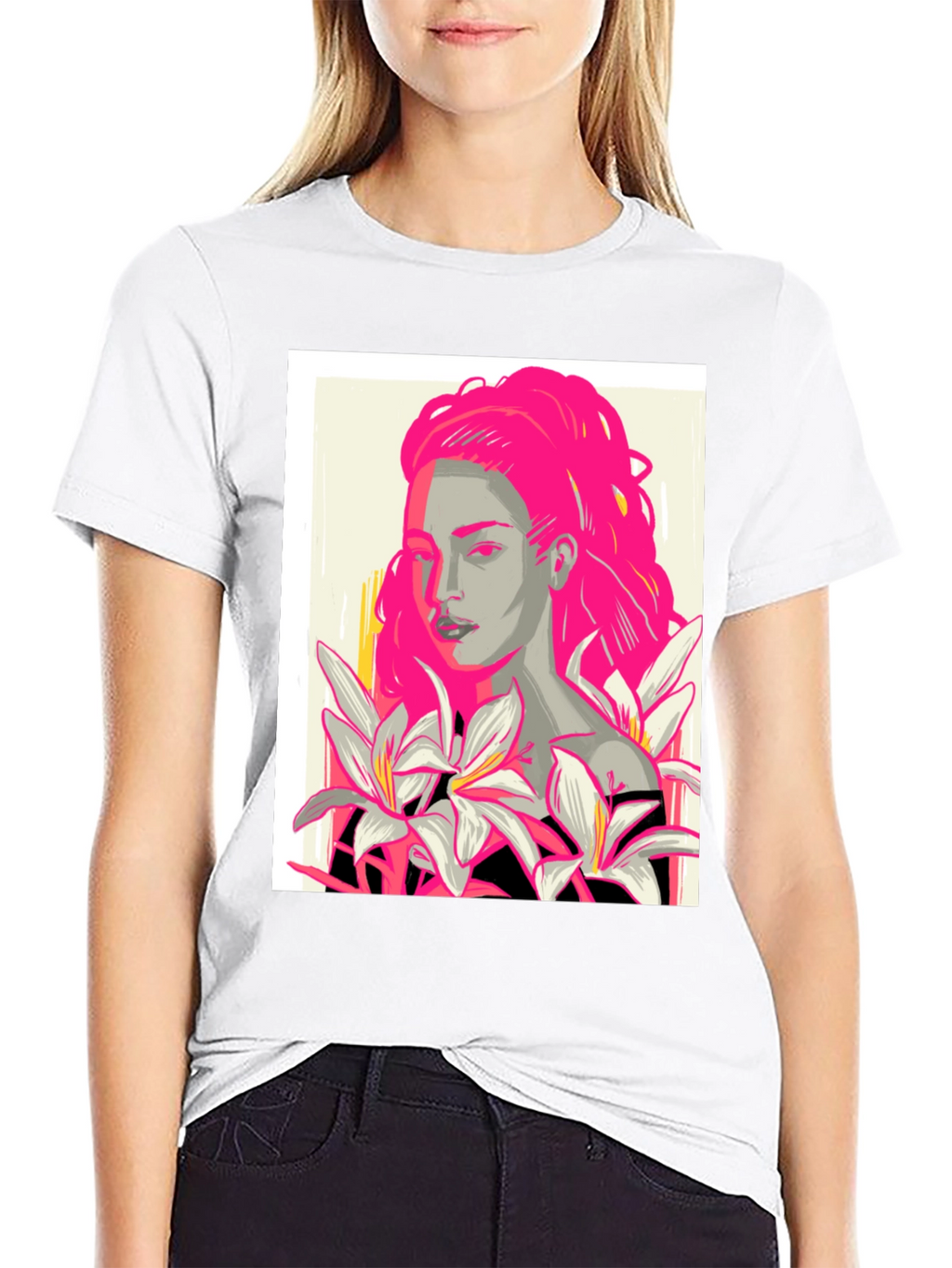 Graphic Print T-Shirt with Woman and Flowers