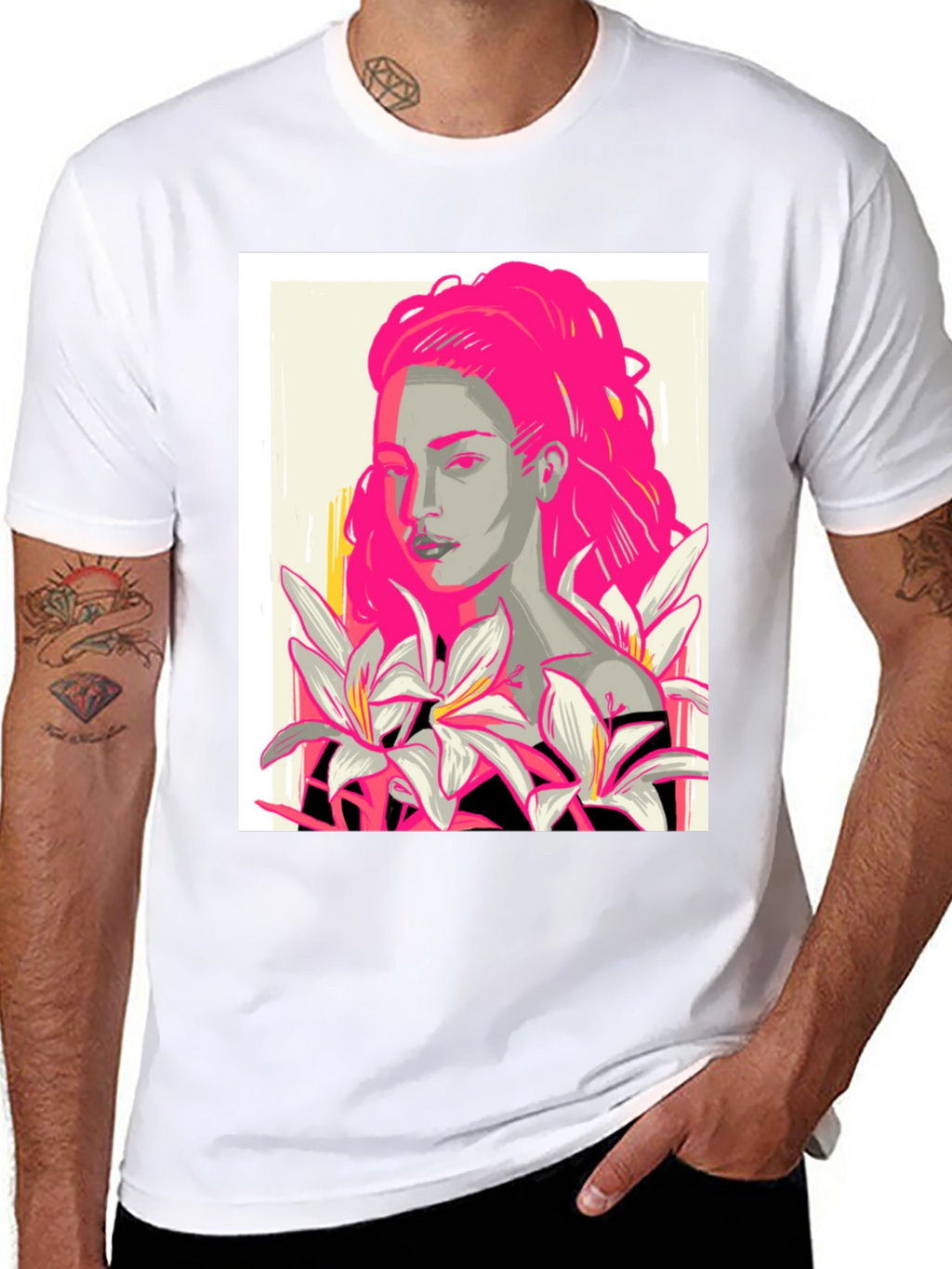 Graphic Print T-Shirt with Woman and Flowers