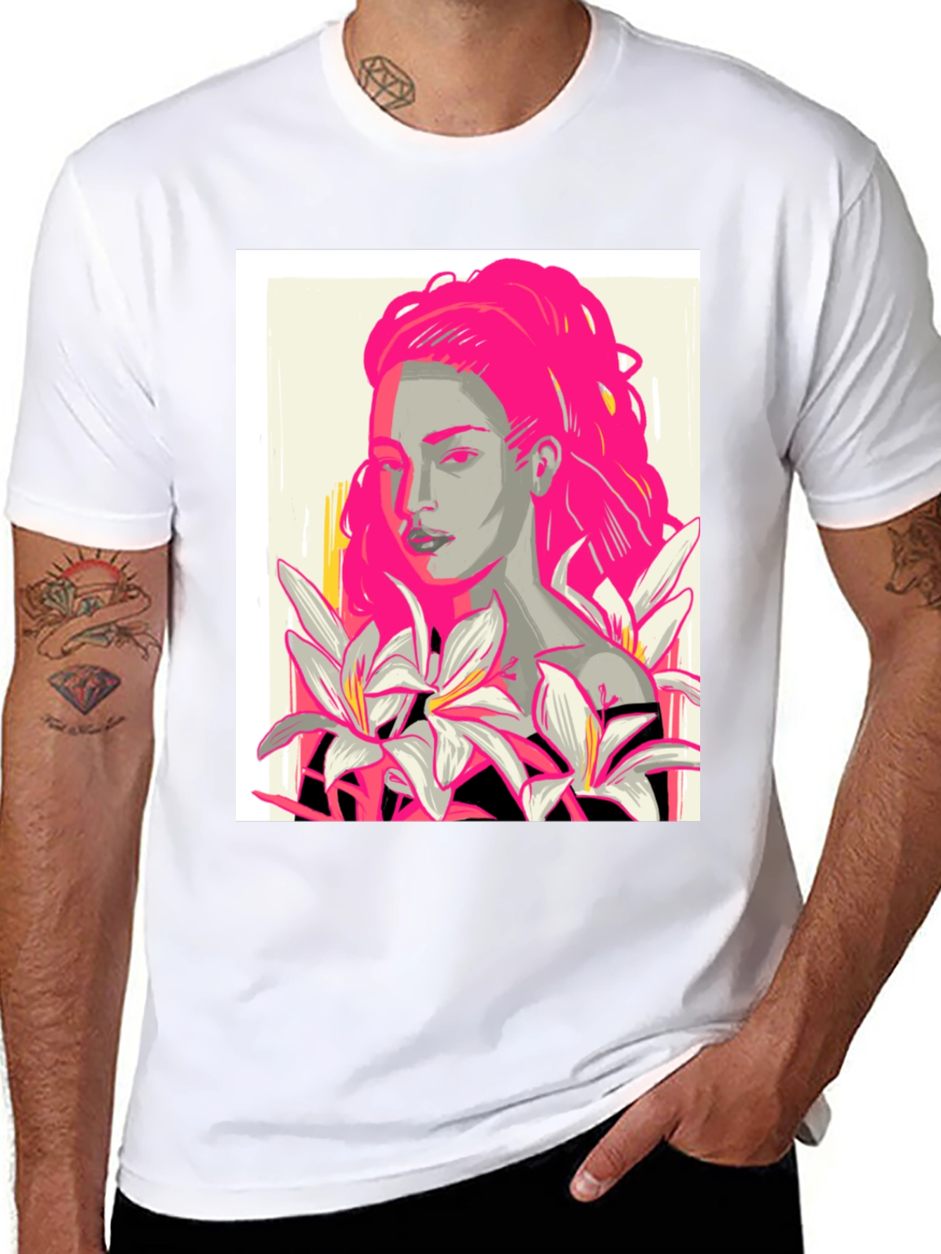 Graphic Print T-Shirt with Woman and Flowers