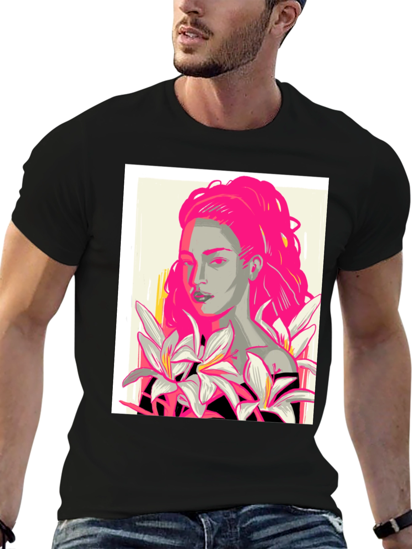 Graphic Print T-Shirt with Woman and Flowers