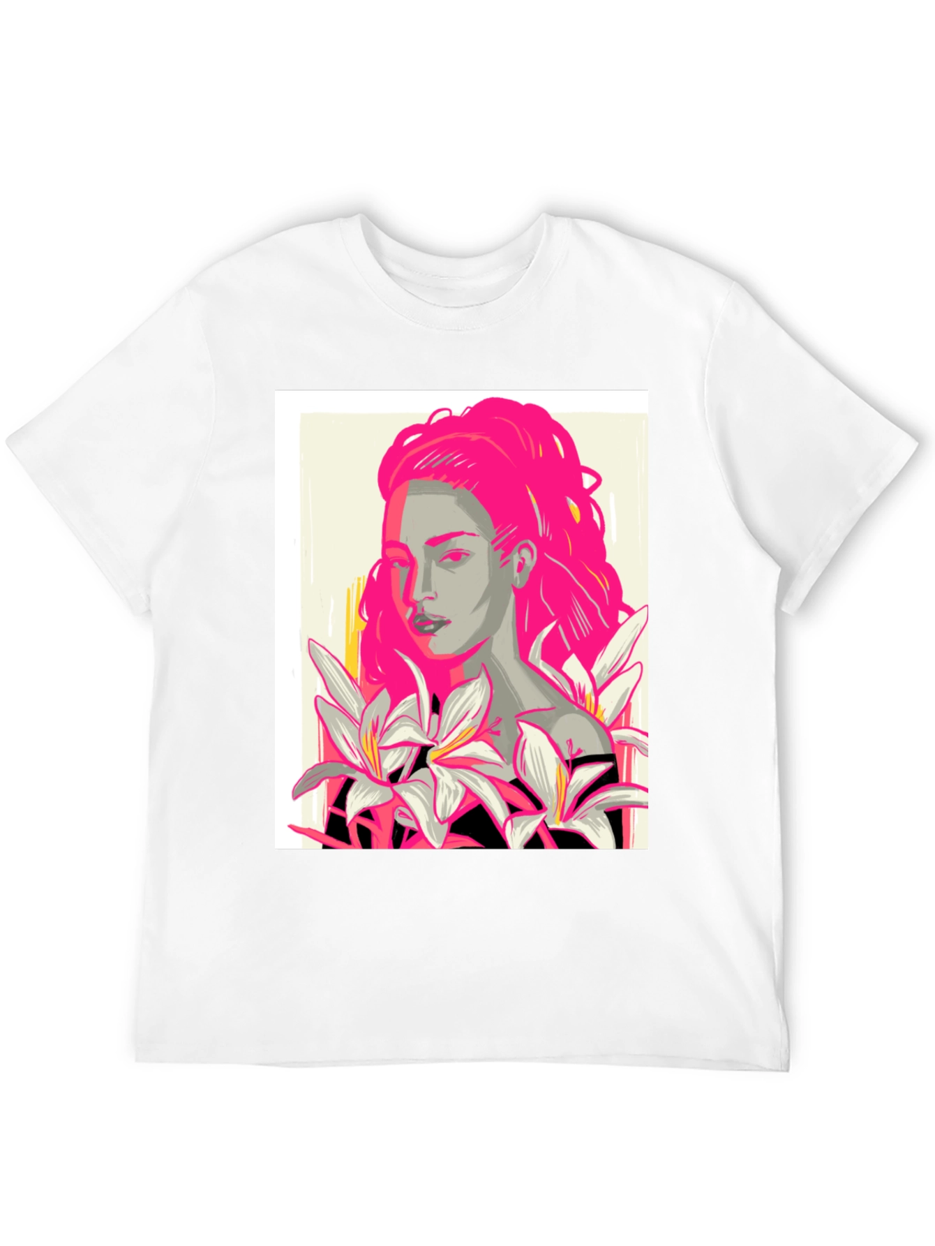Graphic Print T-Shirt with Woman and Flowers